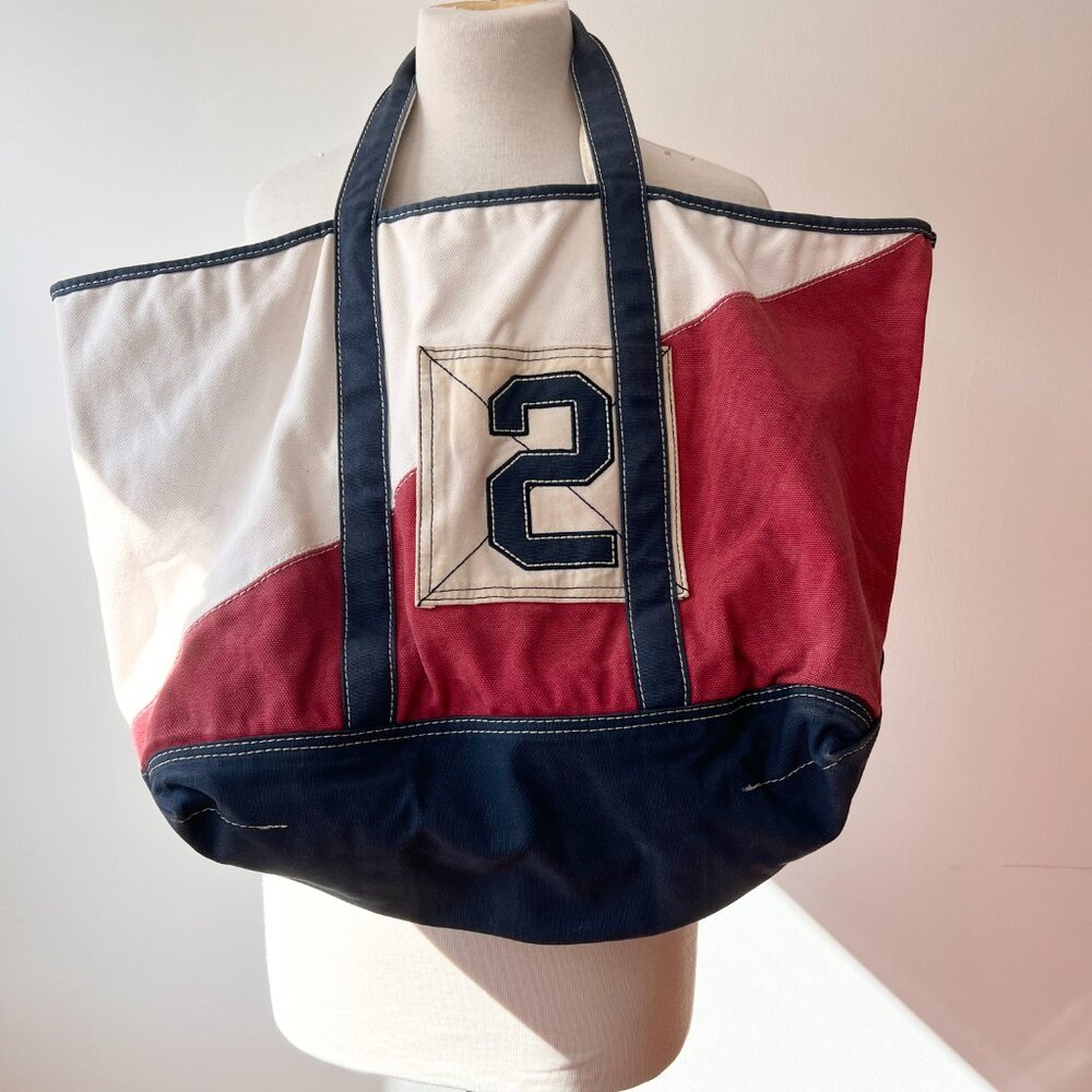 Vintage L.L. Bean large Canvas Boat Tote red white and blue - Picture 11 of 11
